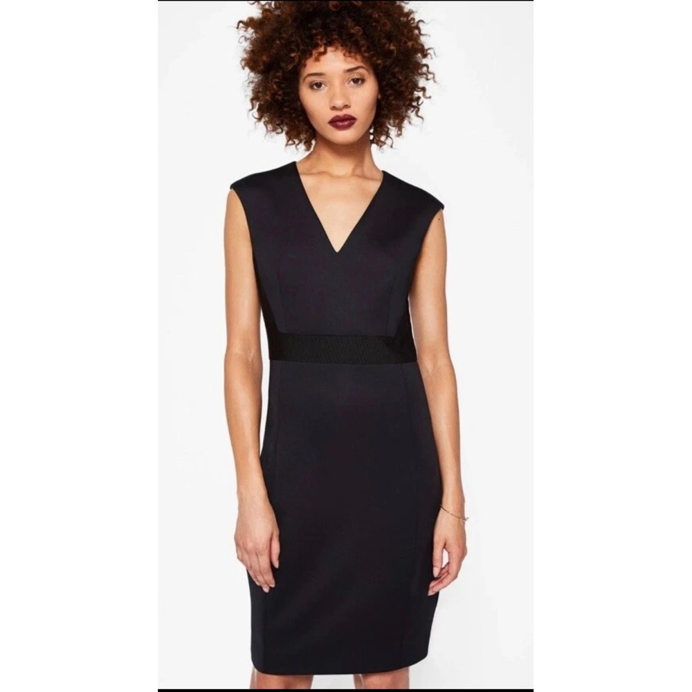 Ted Baker London Black V-Neck Sheath Dress Ribbed Waistband Rose Gold Zip NWT